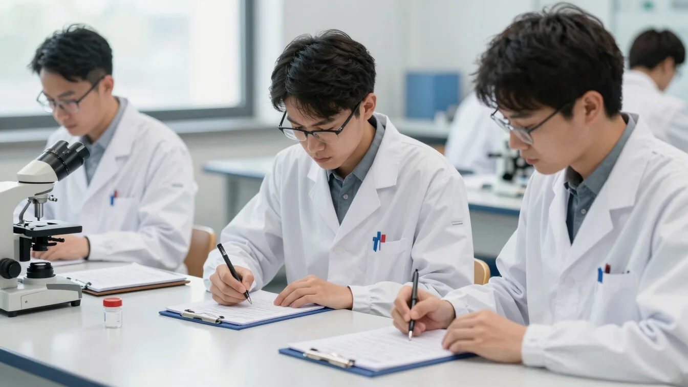 Researchers working at a table with scientific documents and notes, clean editorial lighting, modern setting