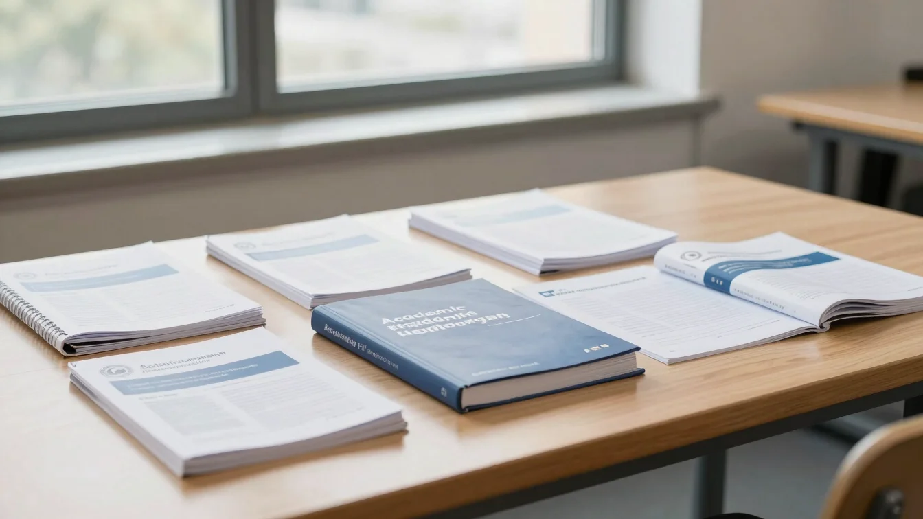 Academic handbook and educational materials on a clean wooden table near a window with soft light