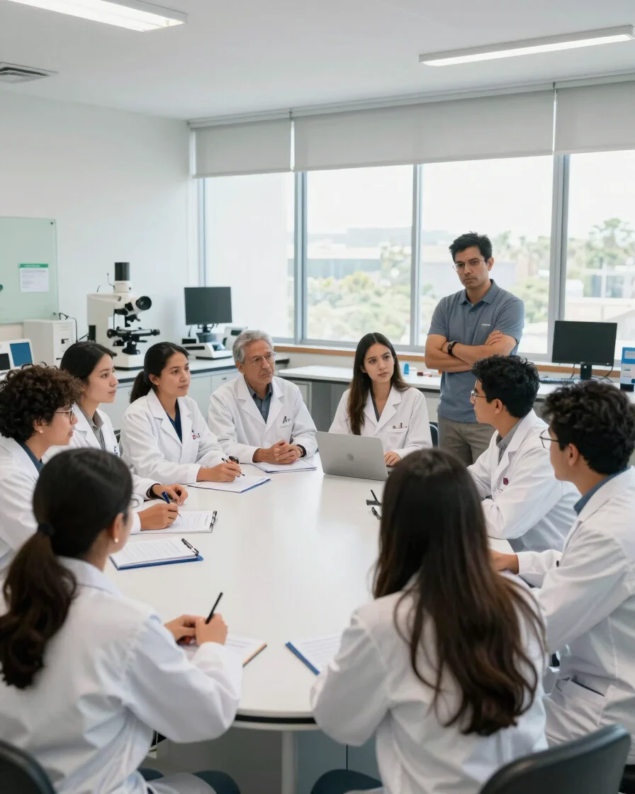 Scientists and science communicators collaborating during an interactive workshop in a modern Mexican research center, 3