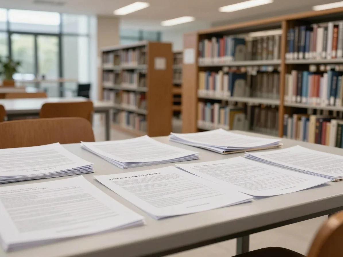 Clean editorial photography of academic congress documentation, papers and conference records on a desk in a modern Mexi