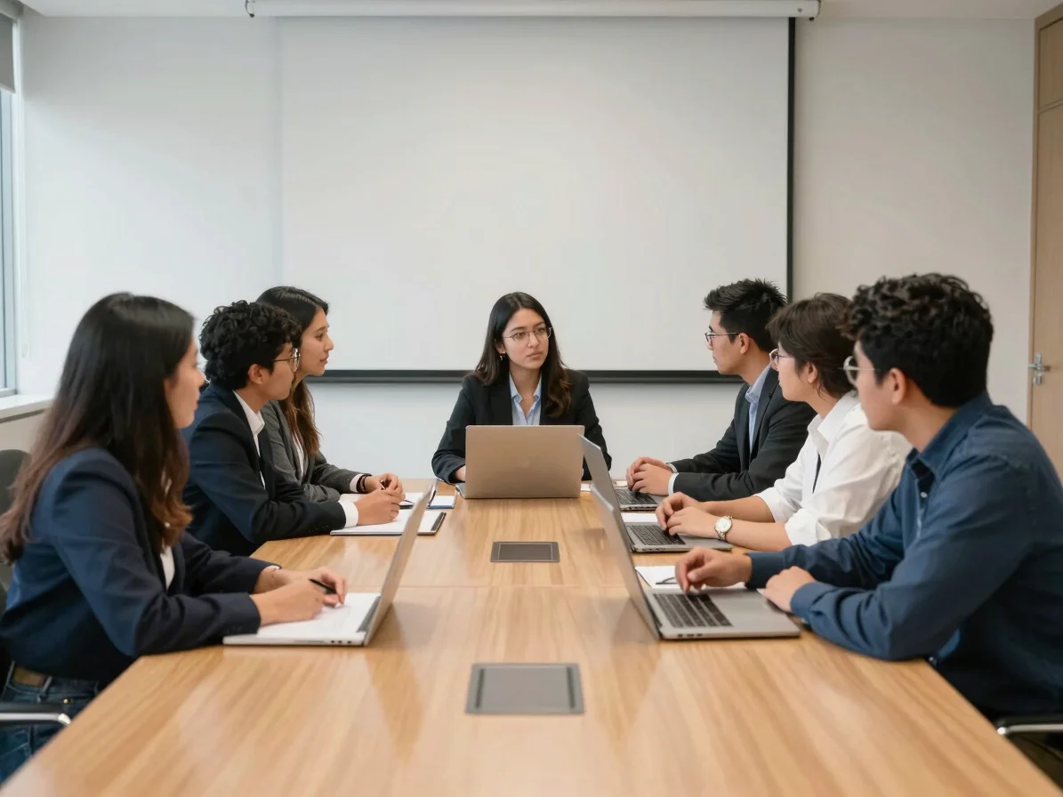 Clean editorial photography of academic researchers collaborating at a wooden table in a contemporary Mexican university