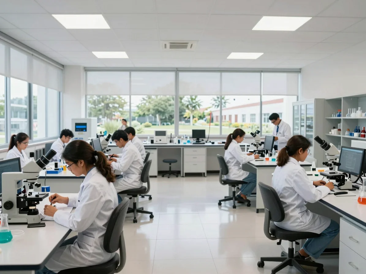 Clean editorial photography of a science workshop in a modern Mexican research center, natural daylight, crisp professio