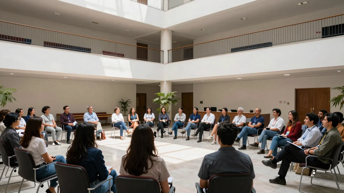 Professional directory of science communicators meeting in a contemporary Mexican university hall, bright natural daylig